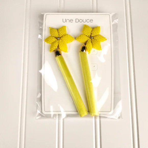 Una Douce Flower Beaded Tassel Statement Earrings In Yellow - Picture 2 of 5